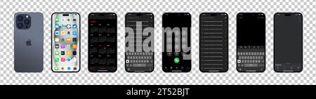 Black Iphone 15 pro interfaces. Apple mockup. Front, back side of the phone. Phone navigation page. Notes, search history, navigator, IOS call screen, Stock Vector