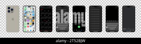 Gray Iphone 15 pro interfaces. Apple mockup. Front, back side of the phone. Phone navigation page. Notes, search history, navigator, IOS call screen, Stock Vector