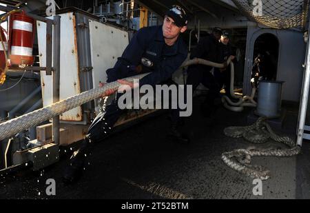 110228OY799-089 NAVAL AIR STATION NORTH ISLAND, Calif. (Feb. 28, 2011) Sailors assigned to the deck department of the Nimitz-class aircraft carrier USS John C. Stennis (CVN 74) heave in mooring lines on the fantail as the ship departs San Diego. John C. Stennis is conducting a board of inspection and survey assessment to determine the ship's ability to carry out sustained combat operations. Navy Stock Photo