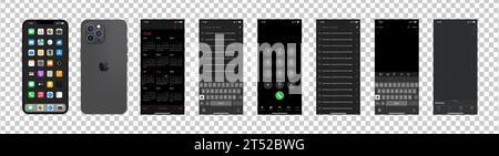 Black Iphone 15 pro interfaces. Apple mockup. Front, back side of the phone. Phone navigation page. Notes, search history, navigator, IOS call screen, Stock Vector