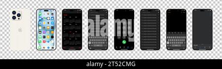 White Iphone 15 pro interfaces. Apple mockup. Front, back side of the phone. Phone navigation page. Notes, search history, navigator, IOS call screen, Stock Vector