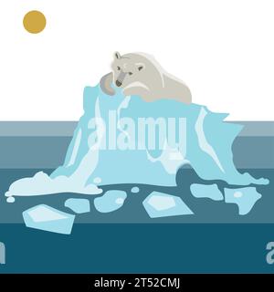 Global warming and Changing of the climate concept. A polar bear lies on a melting glacier under full sun in the middle of the ocean. Vector Stock Vector