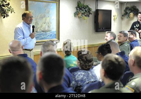 120121NC372-387 ATLANTIC OCEAN (Jan. 21, 2012) Secretary of Defense Leon E. Panetta addresses officers in the wardroom of the aircraft carrier USS Enterprise (CVN 65). The Enterprise Carrier Strike Group is underway conducting a composite training unit exercise (COMPTUEX). Navy Stock Photo