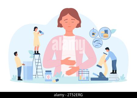 Research into causes of abdominal pain by tiny doctors vector illustration. Cartoon sick female character holding belly with symptoms of stomachache and nausea because of fast food, wine and bacteria Stock Vector