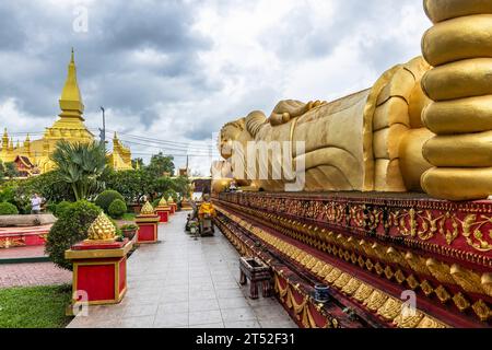 Giant Reclining Buddha statue, Wat That Luang Tai, complex of That Luang temples, Vientiane, Laos, Southeast Asia, Asia Stock Photo