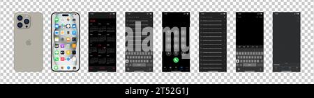 Gray Iphone 15 pro interfaces. Apple mockup. Front, back side of the phone. Phone navigation page. Notes, search history, navigator, IOS call screen, Stock Vector