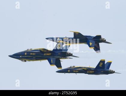 110708DI587-039 PENSACOLA BEACH, Fla. (July 8, 2011) U.S. Navy flight demonstration squadron, the Blue Angels, perform the “Double Farvel” maneuver during the Pensacola Beach Air Show. The show was part of the 2011 show season and in celebration of the Centennial of Naval Aviation. Navy Stock Photo