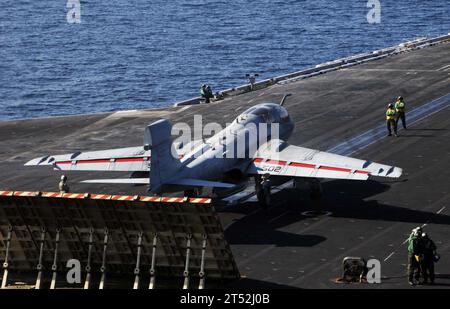 1001053038W-020 NORTH ARABIAN SEA (Jan. 5, 2009) An EA-6B Prowler assigned to the Black Ravens of Tactical Electronic Attack Squadron (VAQ) 135 prepares to launch from the aircraft carrier USS Nimitz (CVN 68). The Nimitz Carrier Strike Group is on a scheduled deployment to the U.S. 5th Fleet area of responsibility. Navy Stock Photo