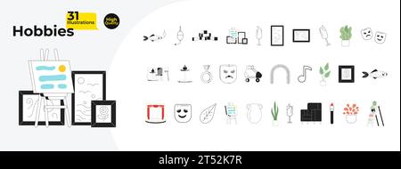 Hobby artistic gardening black and white 2D cartoon objects bundle Stock Vector