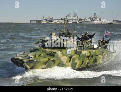 1010226889J-107 NORFOLK (Oct. 22, 2010) Sailors assigned to Riverine Group 1 conduct maneuvers aboard Riverine Command Boat (Experimental) (RCB-X) at Naval Station Norfolk. The RCB-X is powered by an alternative fuel blend of 50 percent algae-based and 50 percent NATO F-76 fuels to support the secretary of the Navy's efforts to reduce total energy consumption on naval ships. Navy Stock Photo