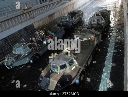 0907086692A-034 CORAL SEA (July 8, 2009) U.S. and Royal Australian Navy lighter amphibious resupply cargo (LARC) vessels prepare to conduct launch and recovery training exercises aboard the amphibious dock landing ship USS Tortuga (LSD 46). Tortuga is part of the Essex Amphibious Ready group, underway for Summer Deployment and participating in military exercise Talisman Saber 2009. Talisman Saber is a biennial combined training activity hosted by the Australian Defense Force designed to train Australian and U.S. forces in planning and conducting combined task force operations. Navy Stock Photo