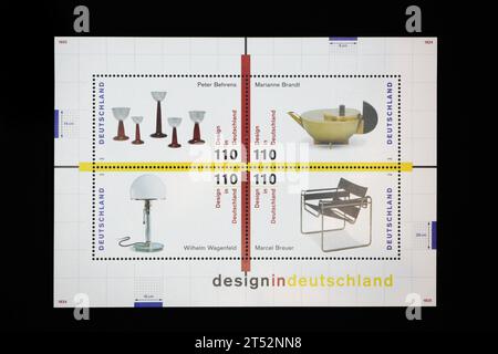 Germany postage stamps issue mini sheet, celebrating German  design, stamp collecting hobby Stock Photo