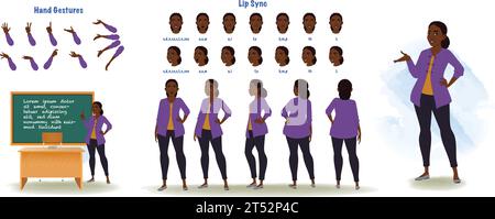 African, american teacher, professor model sheet. Teacher creation set. Teacher turnaround sheet, hand gestures, lip sync Stock Vector