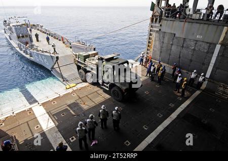 A landing craft utility enters the well deck of the amphibious assault ...