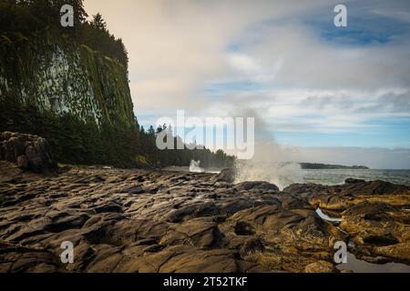 Water rushing up from the blow hole in Naikoon Provincial Park, Haida Gwaii, British Columbia, Canada Stock Photo