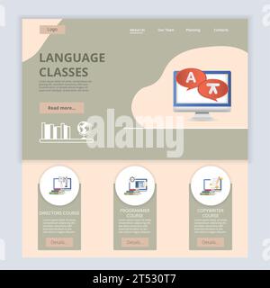 Language classes flat landing page website template. Directors course, programmer course, copywriter course. Web banner with header, content and Stock Vector