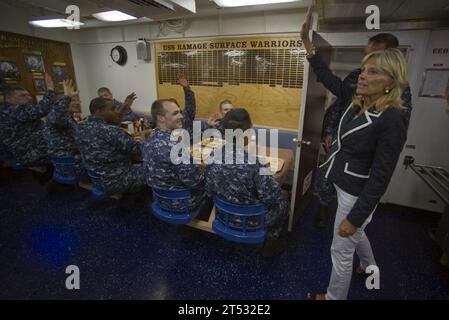 1106024UH963-210 ATHENS, Greece (June 24, 2011) Dr. Jill Biden, wife of Vice President Joe Biden, waves to Sailors while receiving a tour of the Arleigh Burke-class guided-missile destroyer USS Ramage (DDG 61). Stock Photo