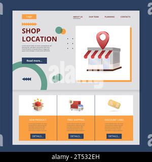 Flat banner with shop pin location. Vector illustration. Travel sale ...