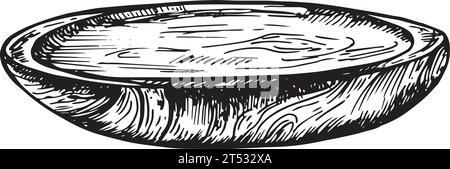 Hand drawn cutting wooden board. Sketch style kitchen utensils. Round plate drawing. Vector illustrations vintage collection. Stock Vector