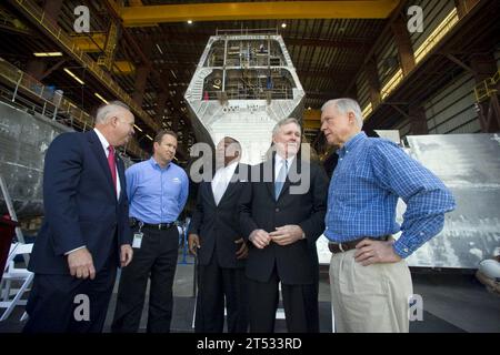 110325UH963-159 MOBILE, Ala. (March 25, 2011) U.S. Rep. Jo Bonner, left, Austal USA President and Chief Operating Officer, Joe Rella, city of Mobile Mayor Samuel L. Jones, Secretary of Navy (SECNAV) the Honorable Ray Mabus, and U.S. Sen. Jeff Sessions tour the Austal USA shipyard in Mobile, Ala., following the announcement of the names of next two littoral class ships. USS Jackson (LCS 6) will be named for Jackson, Mississippi, and USS Montgomery (LCS 8), for Montgomery, Alabama. Stock Photo