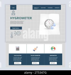 Hygrometer flat landing page website template. Calculator, pulse oximeter, barometer. Web banner with header, content and footer. Vector illustration. Stock Vector