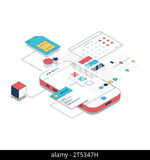 Isometric line phone with sim card Stock Vector