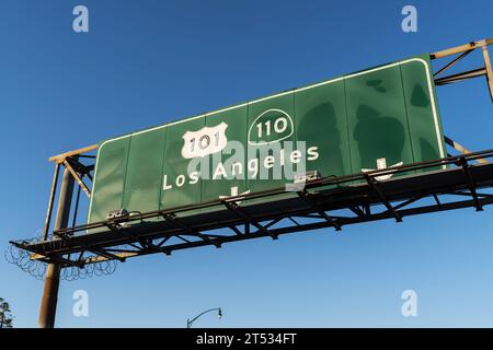 Los Angeles route 101 and 110 overhead freeway sign in Southern California. Stock Photo