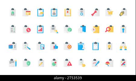 Task list and medical form, approved work project with tick, data record with pencil or pen, test questionnaire and contract. Documents on clipboards, flat icons set vector illustration. Stock Vector