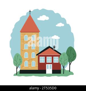 Church and a small house, trees around. Religious temple. European style. Vector illustration in flat style Stock Vector