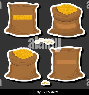 Illustration on theme big colored set different types bags, full sack of coins, sack pattern consisting of collection heap golden coins on open bags, Stock Vector