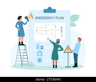 Procedure of evacuation, emergency map vector illustration. Cartoon tiny people with megaphone notice about safe exit from building in case of disasters and accidents with arrows on floor plan scheme Stock Vector