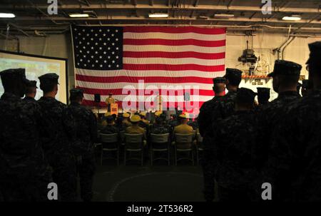 110603MH885-009  YOKOSUKA, Japan (June 3, 2011) Capt. David A. Lausman, commanding officer of the aircraft carrier USS George Washington (CVN 73), addresses crew members at the ship's Battle of Midway observance. George Washington, in her forward-deployed port of Yokosuka, Japan, is the Navy's only full-time forward-deployed aircraft carrier, ensuring security and stability across the western Pacific Ocean. Stock Photo