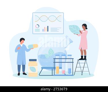 Naturopathy, medical research of natural supplements in laboratory vector illustration. Cartoon tiny scientists holding green leaf and pill to make naturopathic remedy in flask for healing diseases Stock Vector