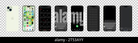 Green Iphone 15 pro interfaces. Apple mockup. Front, back side of the phone. Phone navigation page. Notes, search history, navigator, IOS call screen, Stock Vector