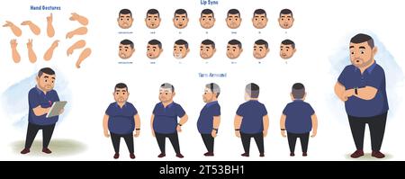 A male trainer, pt teacher model sheet. Teacher creation set. Trainer turnaround sheet, hand gestures, lip sync Stock Vector