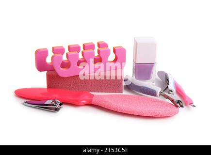Set of professional tools for pedicure with nail polish isolated on white background Stock Photo