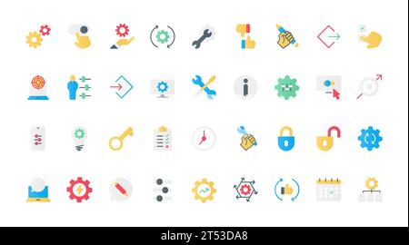 Control and management of system productivity line icons set vector illustration. Outline gears and cogwheels of machine engine, repair and maintenance service tools for modification and setup. Stock Vector