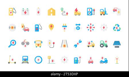 Electric vehicles and energy flat icons set vector illustration. EV service symbols, electric power efficient consumption, production and storage to save environment, battery charger points. Stock Vector