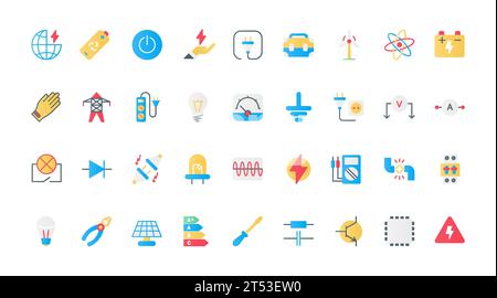 Electricity, electric circuit symbols flat icons set vector illustration. Voltage power flat and lightning charge, protection gear and equipment of electrician and bulb, plug and socket Stock Vector