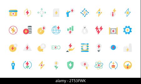 Electric vehicles and energy flat icons set vector illustration. EV service symbols, electric power efficient consumption, production and storage to save environment, battery charger points Stock Vector