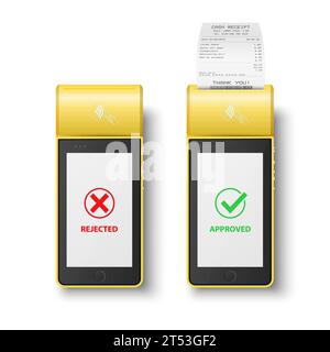 Vector 3d Yellow NFC Payment Machine with Rejected and Approved Status, Paper Cash Receipt, Bill. Payment POS Terminal, Machine Design Template of Stock Vector