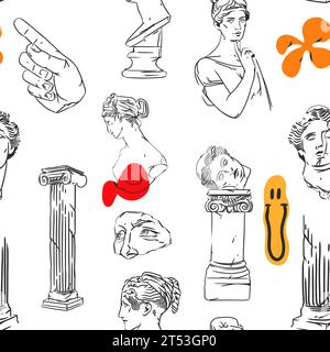 Hand drawn vector abstract graphic, greek ancient sculpture statues and column line art modern seamless pattern.Antique vintage classic sculpture in Stock Vector
