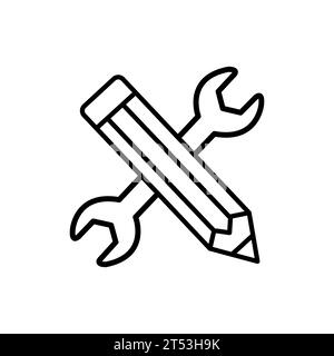 Outline style ui icons hard skill collection. Technology and business. Vector black linear icon illustration. Wrench and pencil crossed technical writ Stock Vector