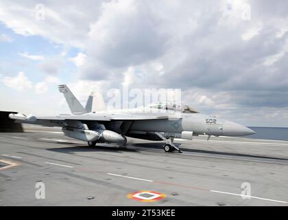 Carrier, carrier take off, CVN 77, EA-18G Growler, electronic attack squadron, Growler, squadron, USS George H.W. Bush, VAQ 141 Stock Photo