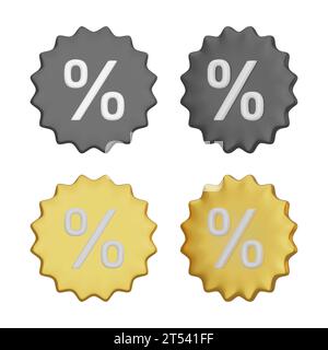 3D vector label with percentage sign. White discount symbol on black and gold label. Promotion, sale, advertising design objects isolated on a white b Stock Vector