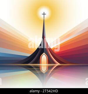 Church on the background of the sun and waves. Vector illustration. Stock Vector