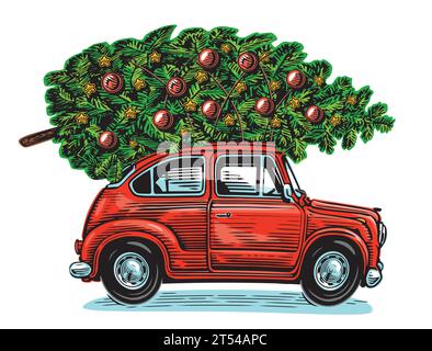 Retro car with fir tree decorated with Christmas decorations. Happy Holidays vector illustration Stock Vector