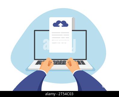 Uploading documents to cloud storage via laptop. Download process. File transfer. Data exchange, backup. Workplace front view. Vector illustration Stock Vector