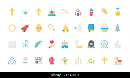 Christian religion flat icons set vector illustration. First communion and worship symbols, Christmas and Easter religious celebration, catholic and baptism church and holy Bible. Stock Vector