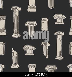 Hand drawn vector abstract graphic, greek ancient sculpture statues and column line art modern seamless pattern.Antique vintage classic sculpture Stock Vector